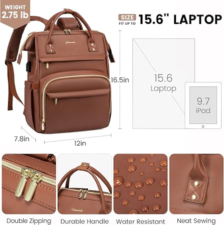 Leather Laptop Backpack for Women with USB Port - 15.6