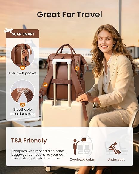 Leather Laptop Backpack for Women with USB Port - 15.6