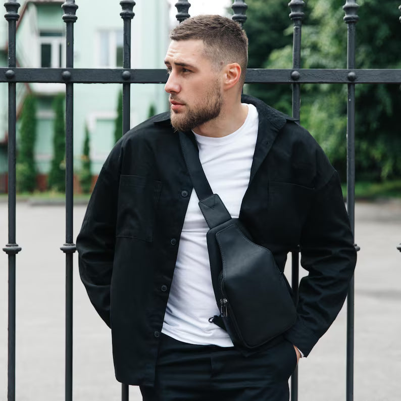 Men's Black Leather Sling Bag - Casual Crossbody
