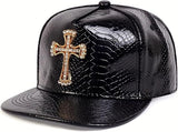 Leather Snapback Hat with Cross Emblem - Hip Hop Style
