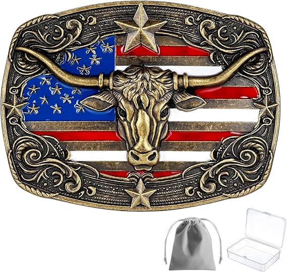 Longhorn Bull Rodeo Belt Buckle - American Flag Detail