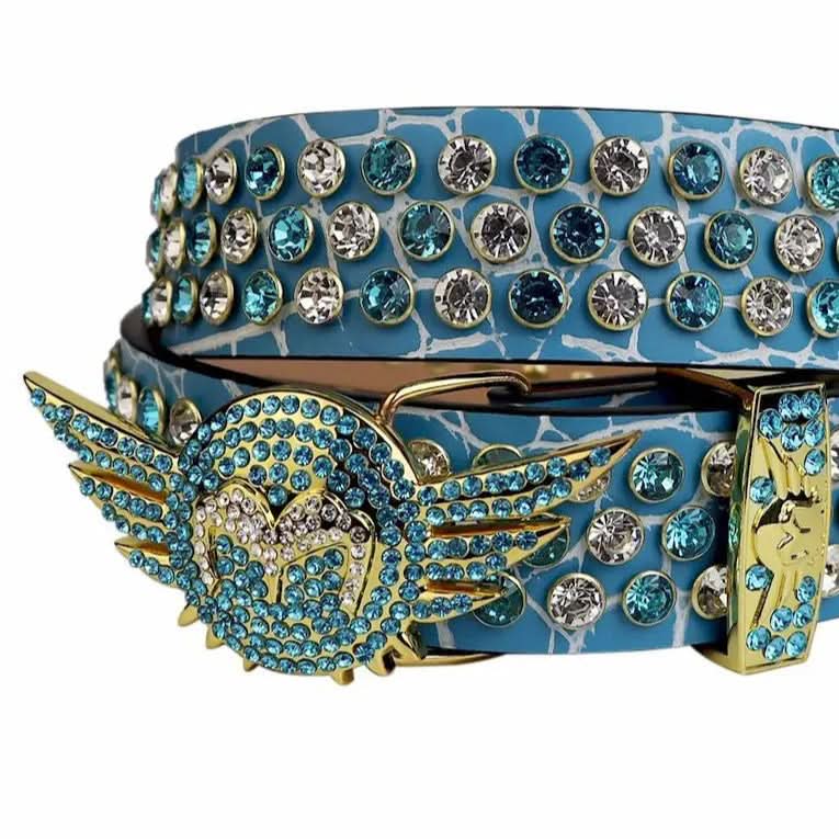 Luxury Angel Wings Belt - Blue Rhinestones & Glitter Strap | All Genders