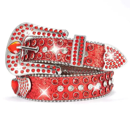 Luxury Red Rhinestone Western Belt – Heart Buckle & Glitter Strap