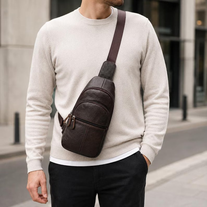 Men's Genuine Cowhide Chest Sling Bag – Multi-Pocket