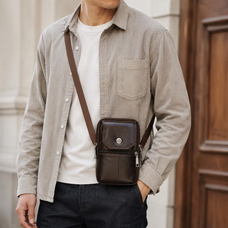 Men's Genuine Cowhide Phone Crossbody Pouch