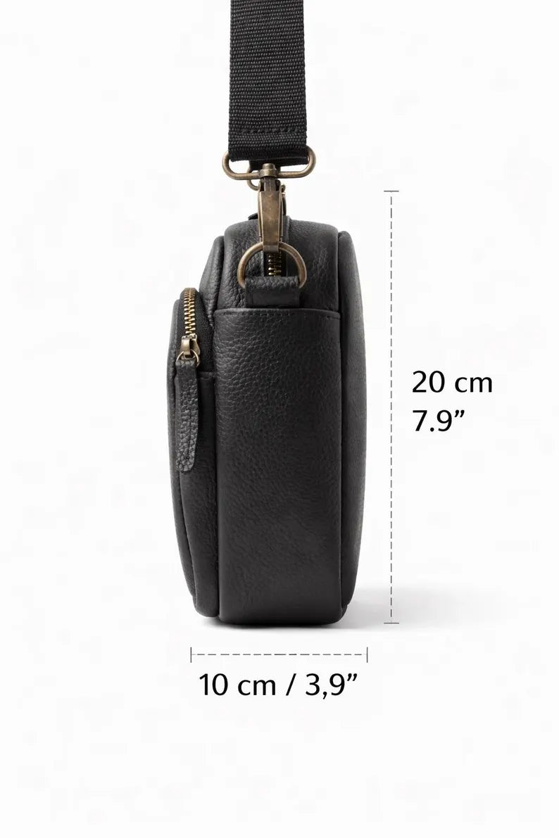 Men's Personalized Black Leather Messenger Bag