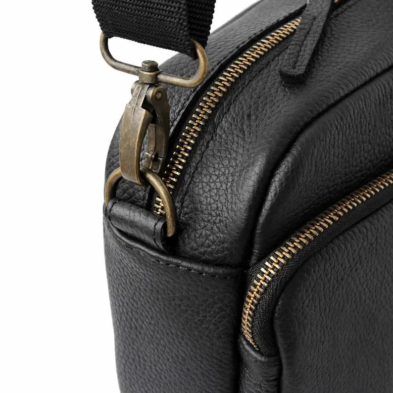 Men's Personalized Black Leather Messenger Bag