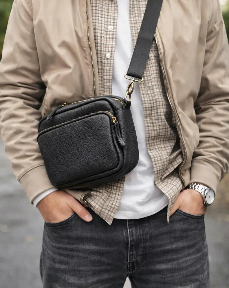 Men's Personalized Black Leather Messenger Bag