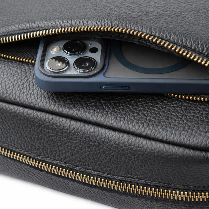 Men's Personalized Black Leather Messenger Bag
