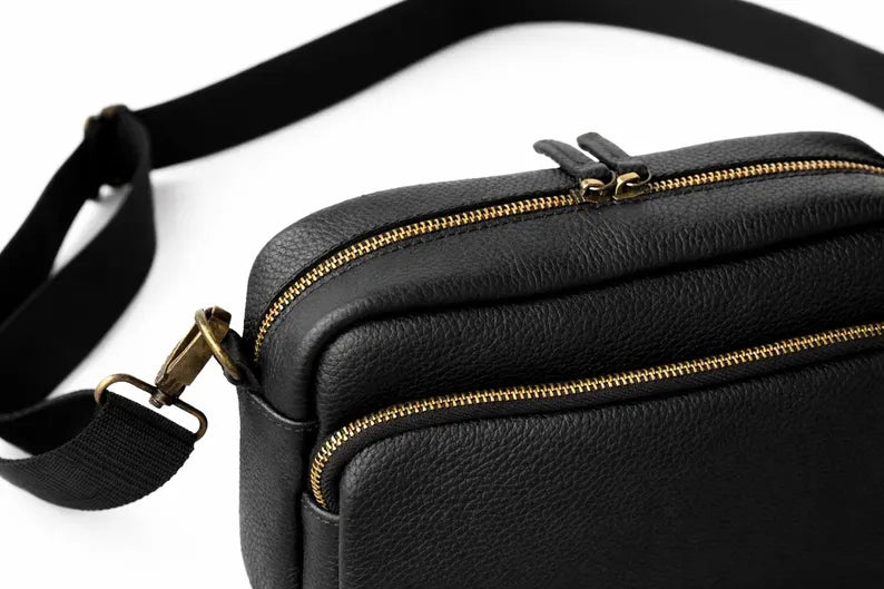 Men's Personalized Black Leather Messenger Bag