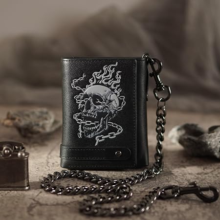 Men's Skull Biker Trifold Wallet – Detachable Chain