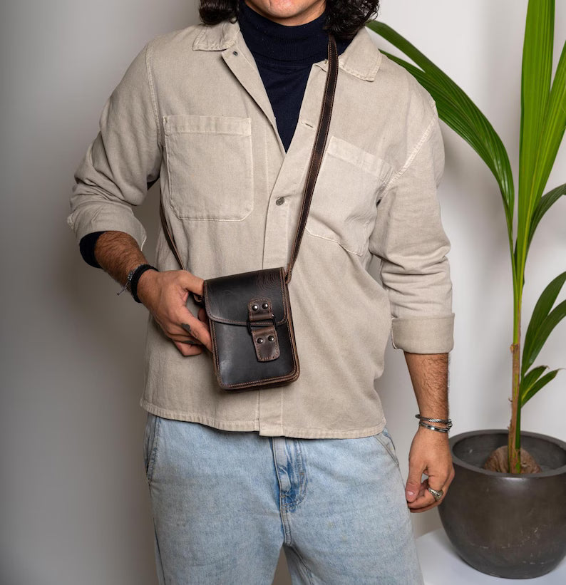 Men's Small Phone Crossbody Messenger Bag - Full Grain
