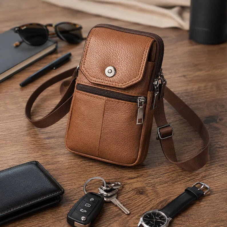 Men's Genuine Cowhide Phone Crossbody Pouch