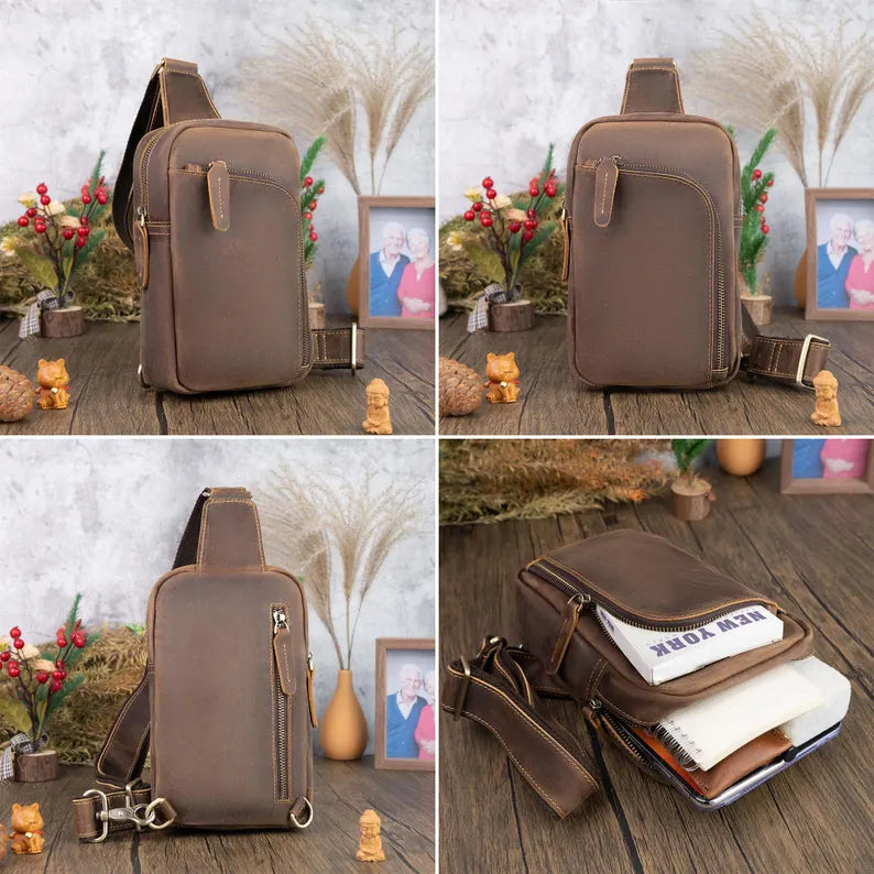 Men's Vintage Cowhide Leather Satchel Chest Bag