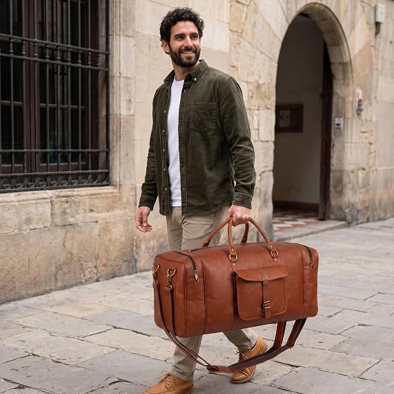 Men's Vintage Leather Duffel with Brass Rivets – 28