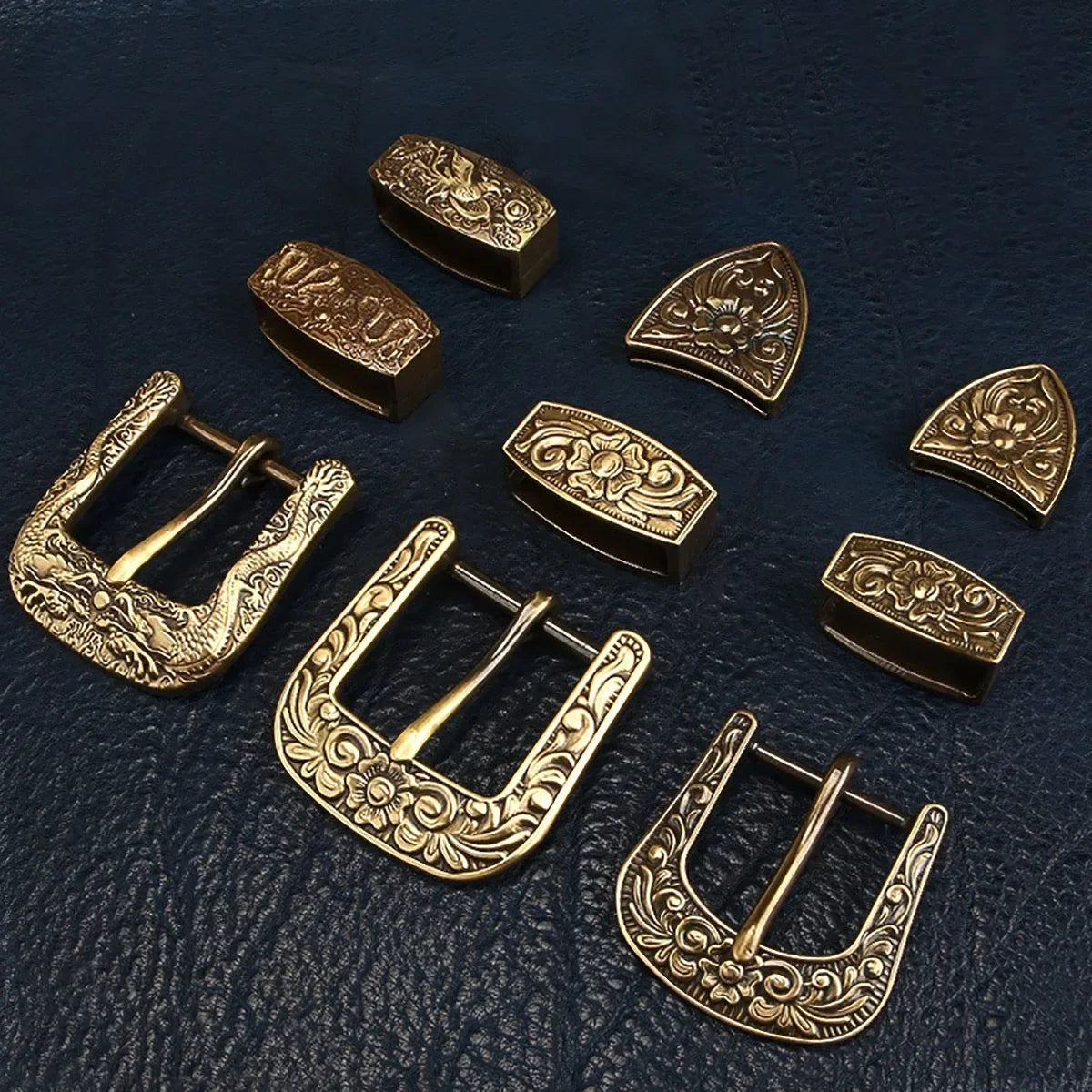 Men's Vintage Solid Brass Belt Buckle Set - Tang Grass Design for DIY Leather Crafts