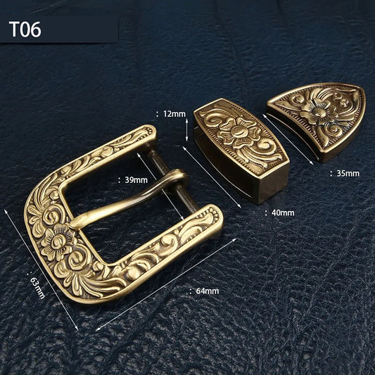 Men's Vintage Solid Brass Belt Buckle Set - Tang Grass Design for DIY Leather Crafts