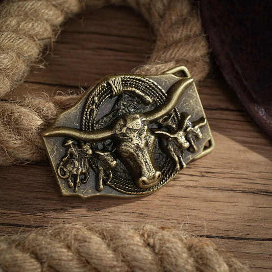 Men's Vintage Western Cow Head Belt Buckle - Engraved Alloy, Durable