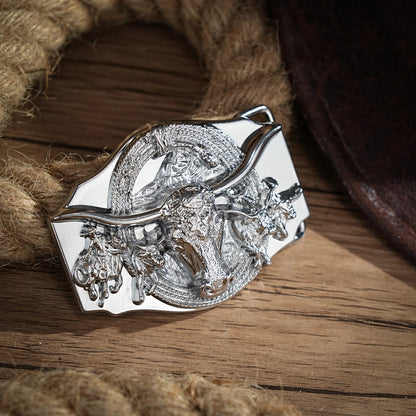 Men's Vintage Western Cow Head Belt Buckle - Engraved Alloy, Durable