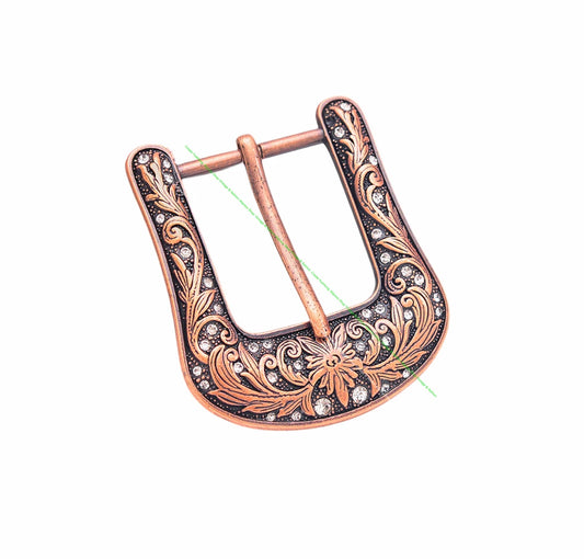 Men's Vintage Western Cowboy Belt Buckle - Engraved Brass Tone Rhinestone Flower (38mm)