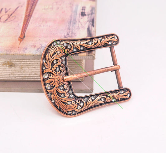 Men's Vintage Western Cowboy Belt Buckle - Engraved Brass Tone Rhinestone Flower (38mm)
