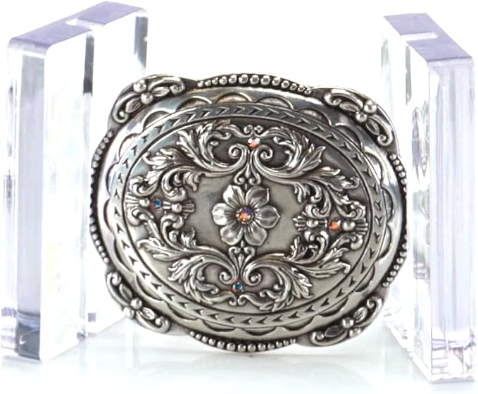 Oval Floral Rhinestone Western Buckle - Silver Plated