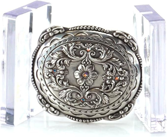 Oval Floral Rhinestone Western Buckle - Silver Plated
