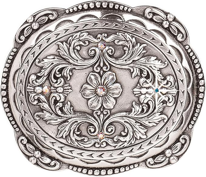 Oval Floral Rhinestone Western Buckle - Silver Plated