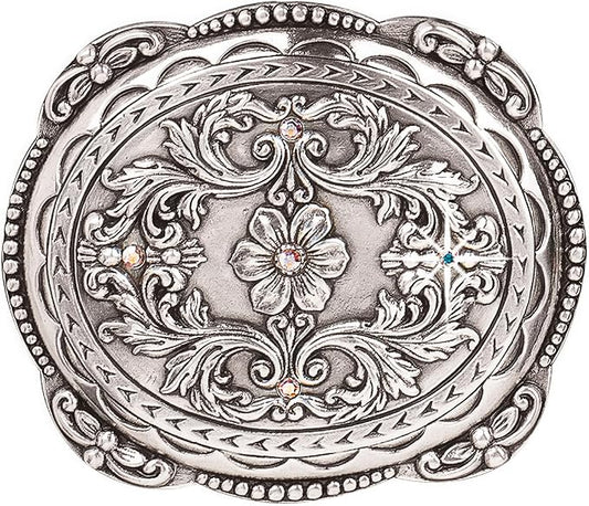 Oval Floral Rhinestone Western Buckle - Silver Plated