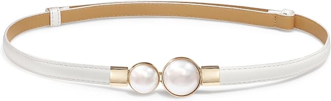 Pearl Buckle Skinny Leather Belt - Elegant Gold Design