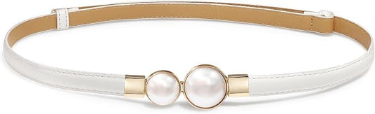 Pearl Buckle Skinny Leather Belt - Elegant Gold Design