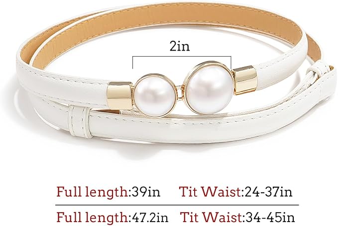 Pearl Buckle Skinny Leather Belt - Elegant Gold Design