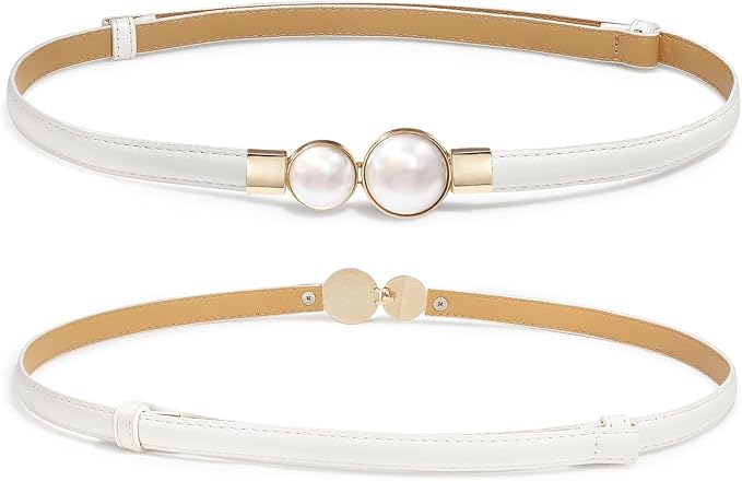 Pearl Buckle Skinny Leather Belt - Elegant Gold Design