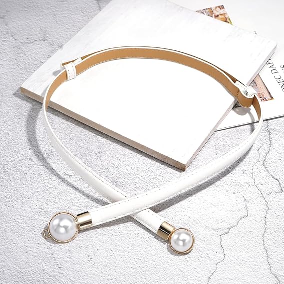 Pearl Buckle Skinny Leather Belt - Elegant Gold Design