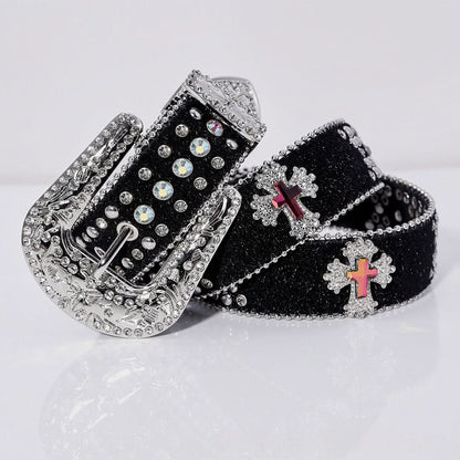 Pink Cross Engraved Buckle Black Rhinestone Belt – White Studded