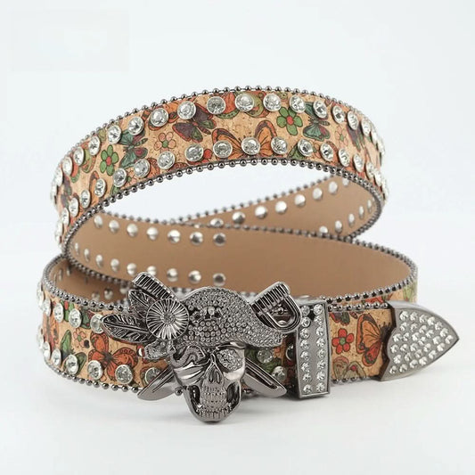 Pirate Skull Rhinestone Belt with Crossed Swords - Unisex Multicolor Design