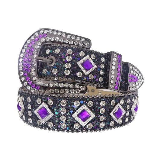 Purple Sapphire Rhinestone Belt with Black Glitter Strap - Dazzling & Edgy