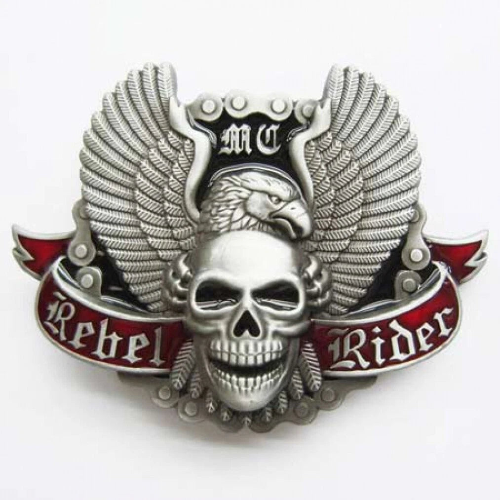 Rebel Biker Motorcycle Chain Skull & Eagle Belt Buckle, 40mm