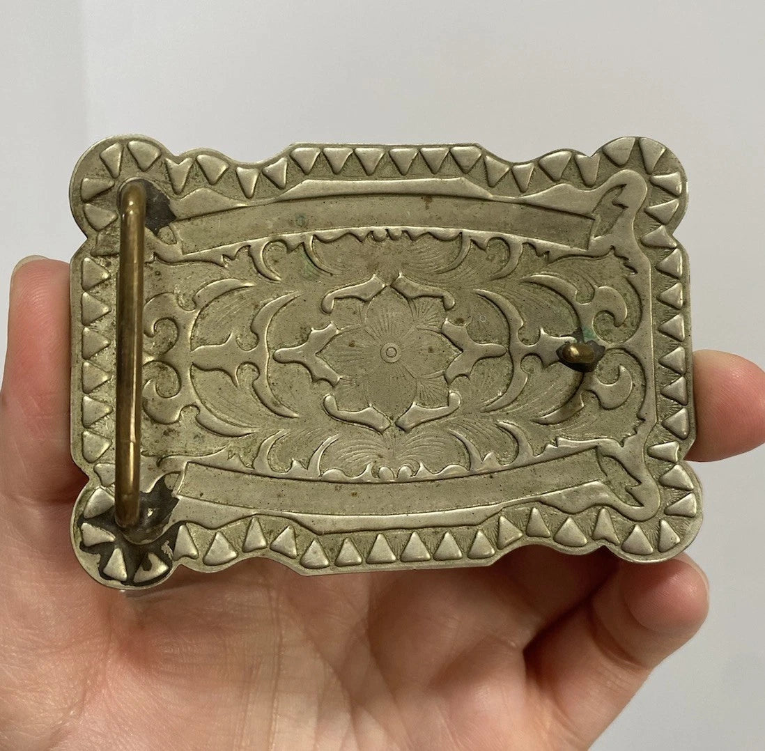 Rectangular Silver Filigree Floral Belt Buckle