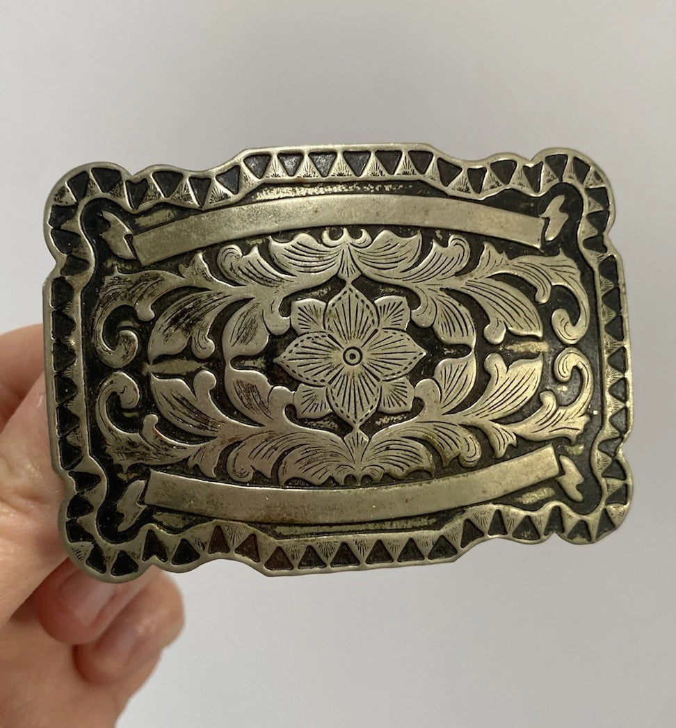Rectangular Silver Filigree Floral Belt Buckle