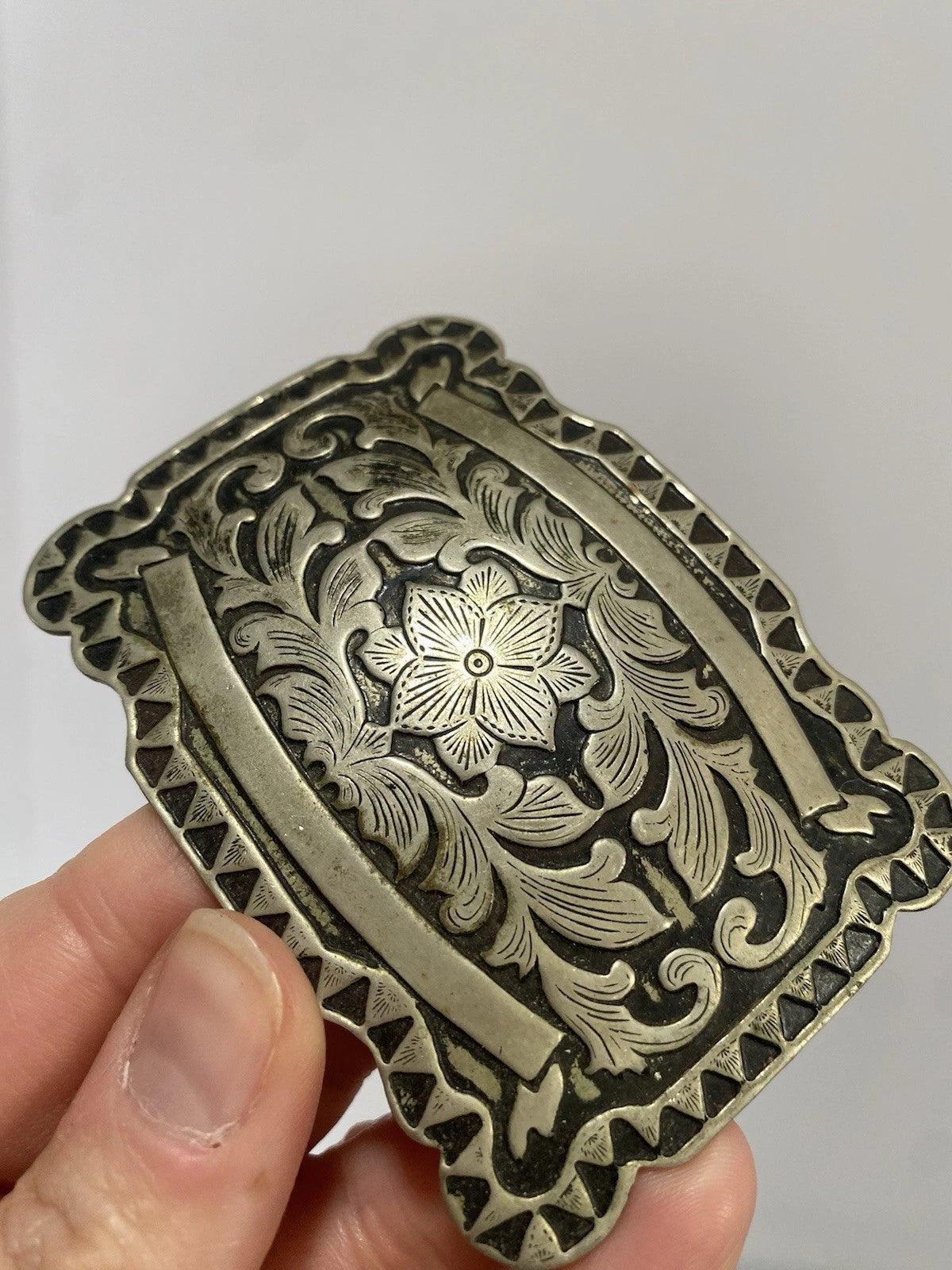 Rectangular Silver Filigree Floral Belt Buckle