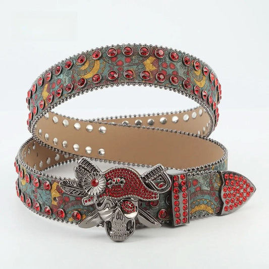 Red Hat Pirate Skull Rhinestone Belt | Crossed Swords Buckle