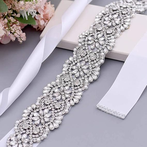 Rhinestone Bow Wedding Sash - Silver Bridal Belt