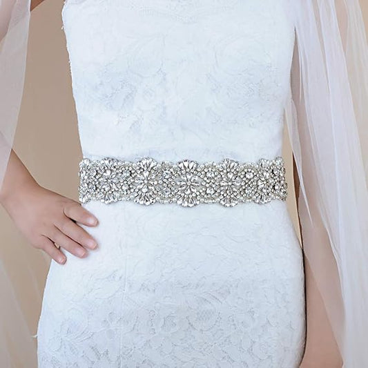 Rhinestone Bow Wedding Sash - Silver Bridal Belt