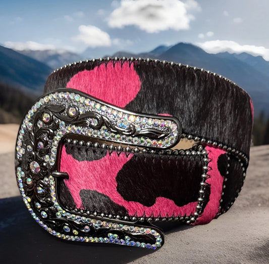 Rhinestone Cow Print Hair-On Hide Belt - Western Bling