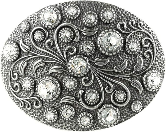 Rhinestone Crystal Oval Floral Buckle - Antique Western