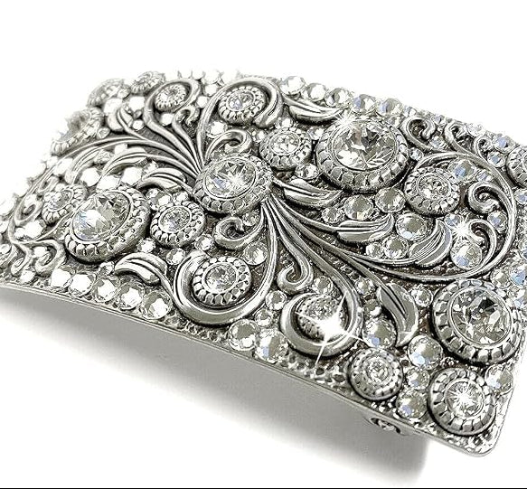Rhinestone Crystal Rectangle Floral Buckle - Antique Style