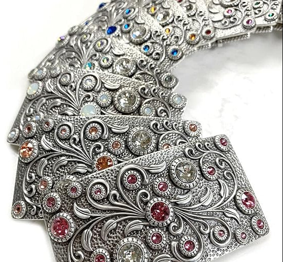 Rhinestone Crystal Rectangle Floral Buckle - Antique Style
