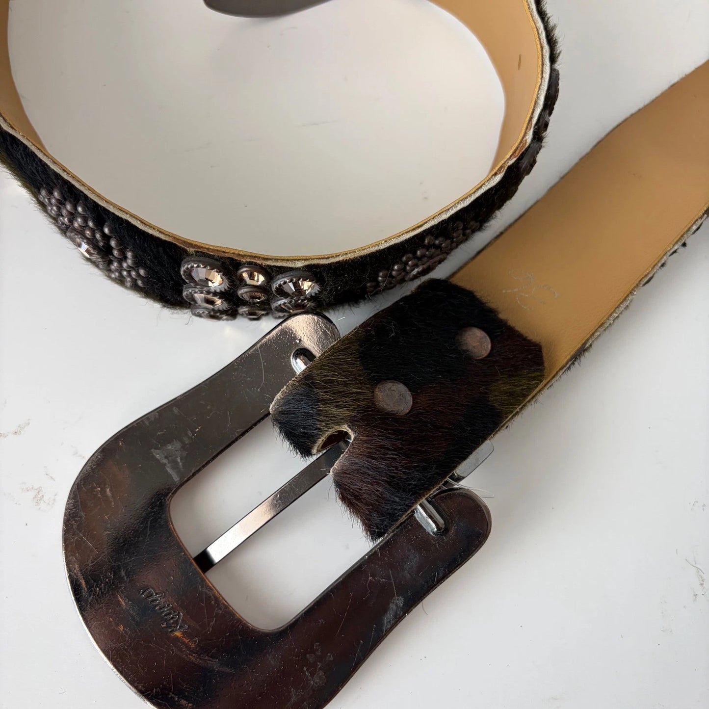 Rhinestone Floral Hair-On Hide Statement Belt - Western