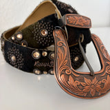 Rhinestone Floral Hair-On Hide Statement Belt - Western